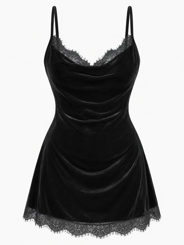 Lace-Trim Velvet Slip, Black, studio, front