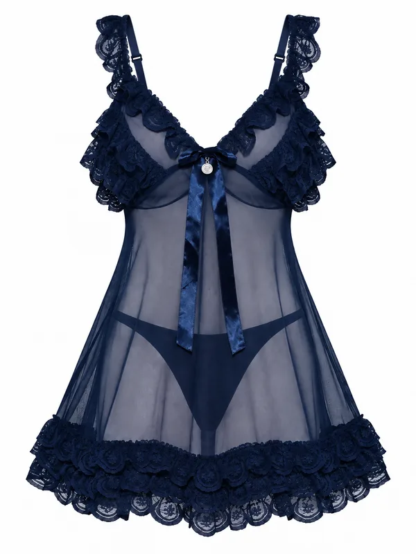 Lace-Trim Mesh Babydoll, Navy Blue, studio, front