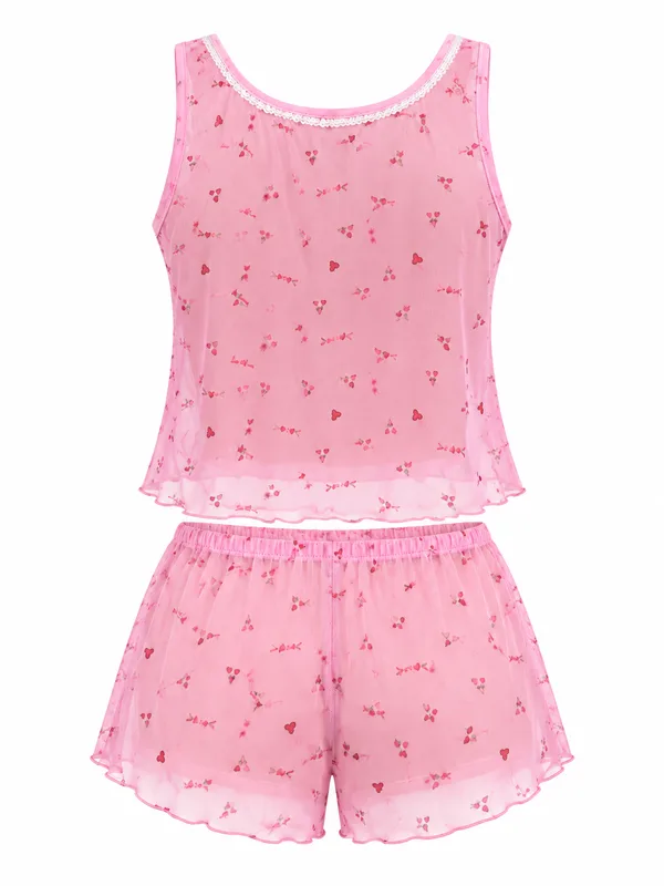 Lace-Trim Floral Mesh Cami and Shorts, Pink, studio, back