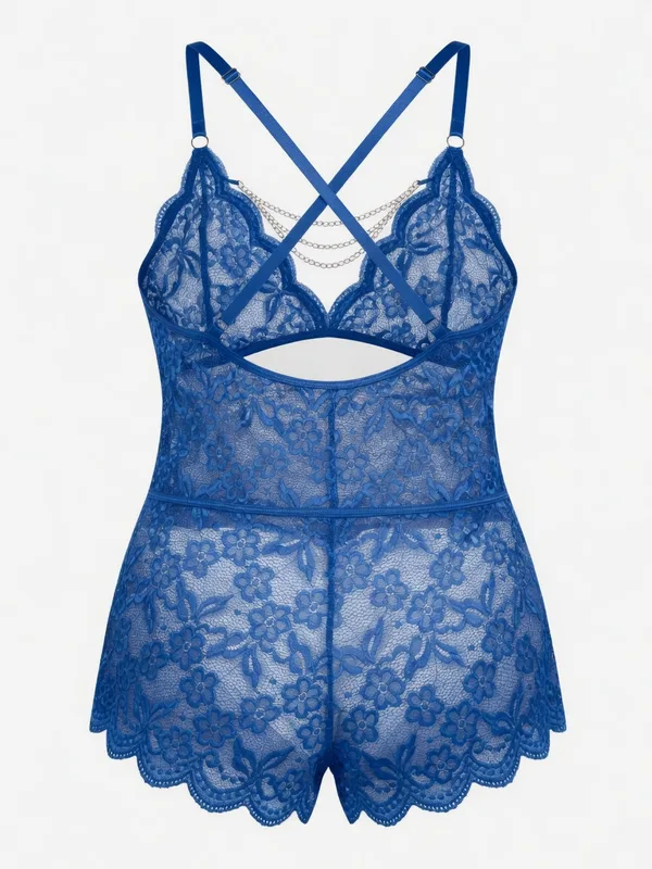 Lace Cutout Chain Teddy, Royal Blue, studio, back