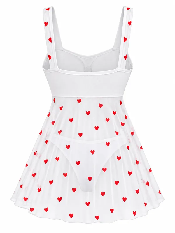 Heart-Print Mesh Babydoll, White, studio, back
