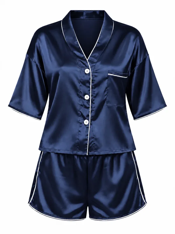 Satin Contrast-Trim Pajama Shirt and Shorts, Navy Blue, studio, front