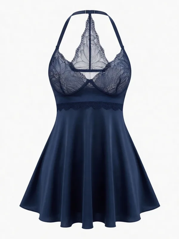 Lace Bodice Racerback Babydoll, Navy, studio, front