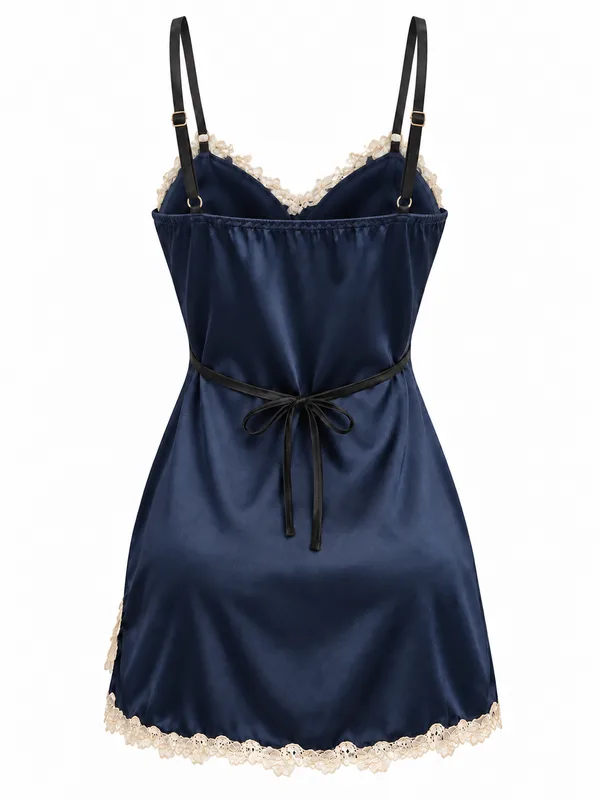 Lace-Trim Satin Slip, Navy Blue, studio, back