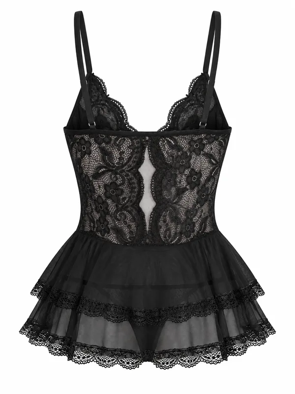 Lace-Trim Mesh Ruffle-Hem Babydoll, Black, studio, back