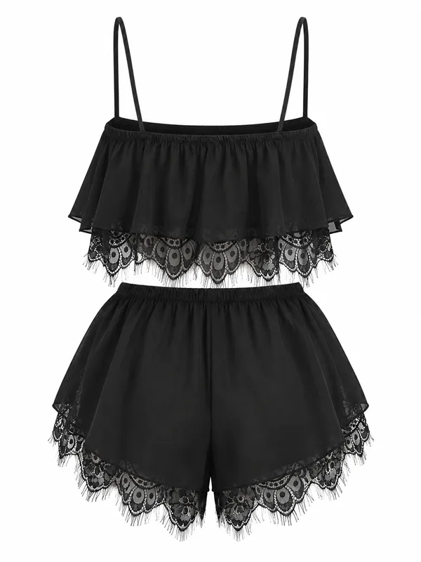 Lace-Trim Ruffle Cami and Shorts, Black, studio, back