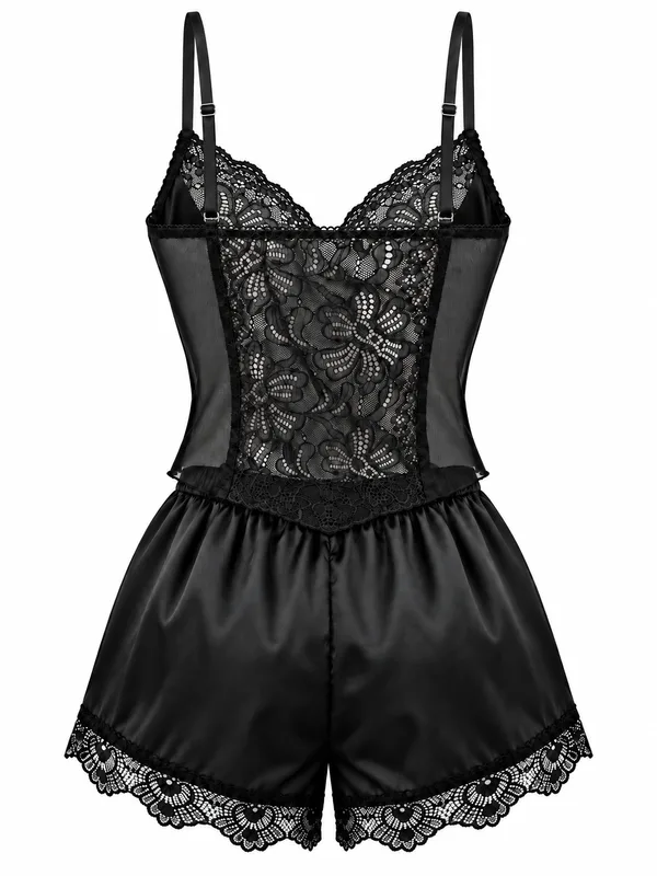 Lace-Trim Satin Cami and Shorts, Black, studio, back