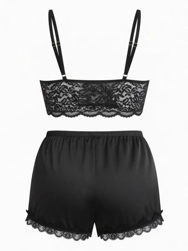 Lace Bralette and Satin Shorts, Black, studio, back