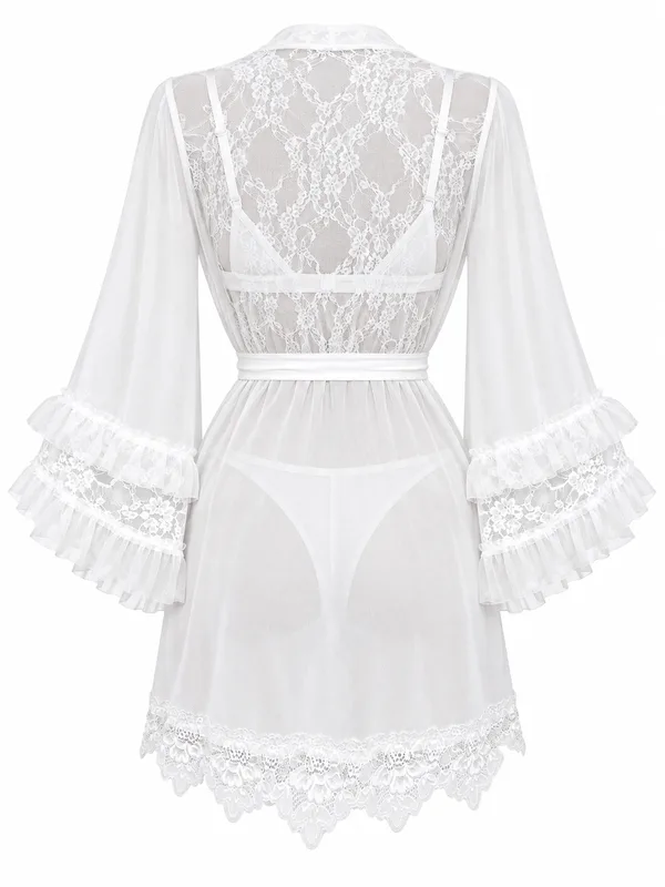 Lace-Trim Sheer Mesh Robe with Bralette and Panty, White, studio, back