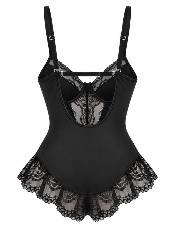 Lace-Trim Mesh Teddy, Black, studio, back
