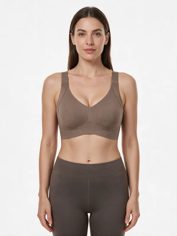 Ribbed V-Neck Wireless Bra in Mocha