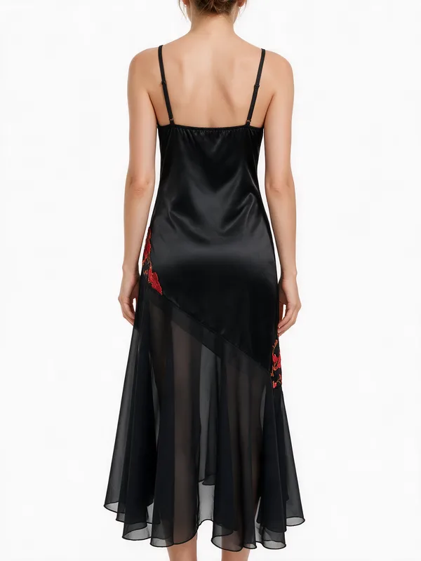 Floral Embroidered Satin Mesh Slip, Black, model, back
