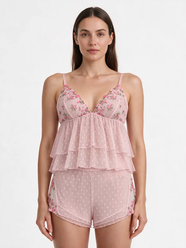 Floral Embroidered Dotted Mesh Cami and Shorts in Light Pink