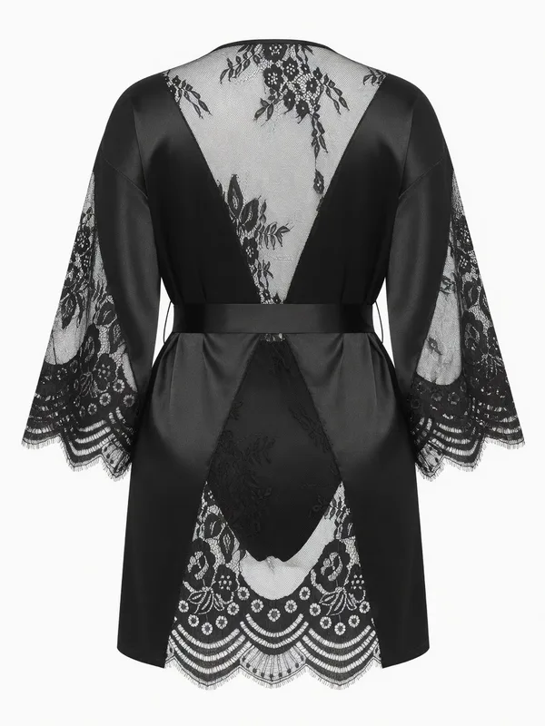 Satin Lace-Trim Robe, Black, studio, back