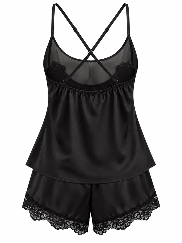 Floral-Applique Mesh Cami and Shorts Set, Black, studio, back