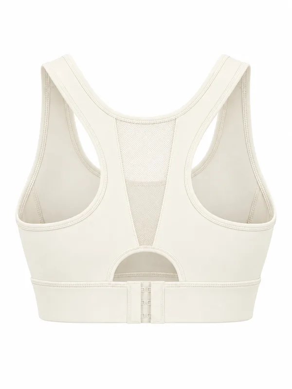 Mesh-Back Racerback Sports Bra, Cream White, studio, back