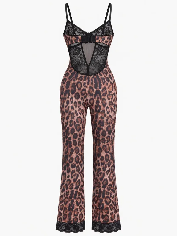 Leopard Print Lace-Trim Cami Jumpsuit, Leopard Print, studio, back