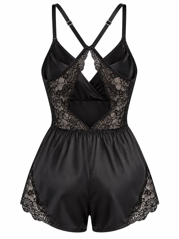 Satin Lace-Trim Teddy, Black, studio, back