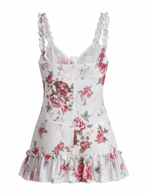 Floral Print Mesh Ruffle-Trim Slip, White, studio, back