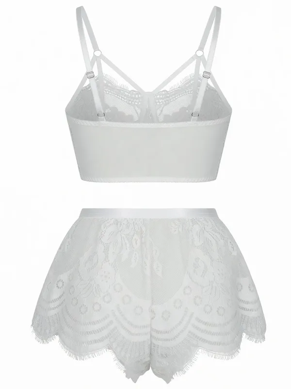 Eyelash Lace Bralette and Shorts Set, White, studio, back