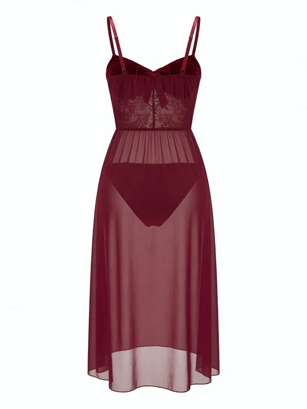 Velvet Bust Lace Bodice Mesh Slip, Burgundy, studio, back