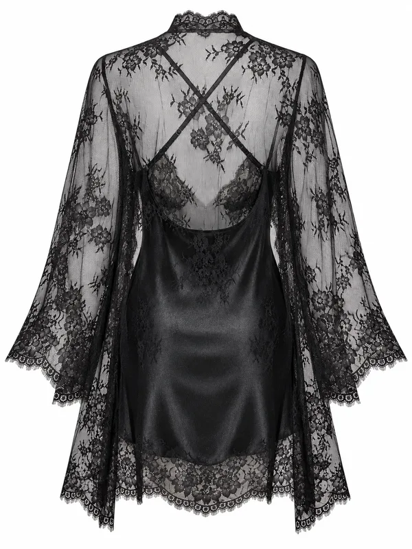 Lace-Trim Satin Slip and Sheer Lace Robe, Black, studio, back
