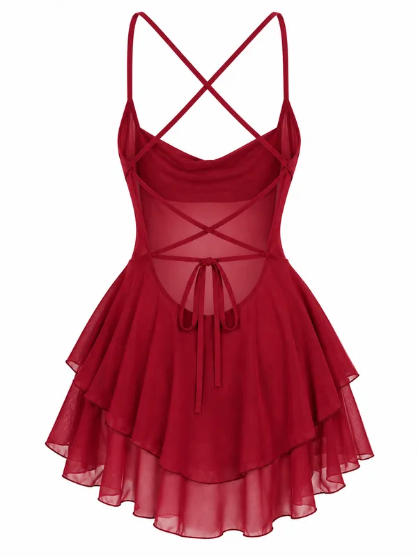 Mesh Ruffle Lace-Up Babydoll, Burgundy, studio, back