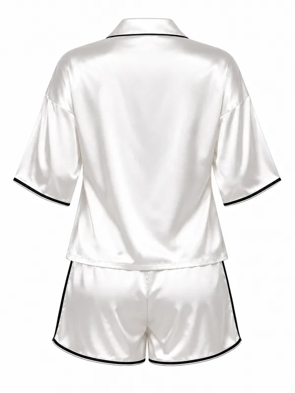 Satin Contrast-Trim Pajama Shirt and Shorts, White, studio, back