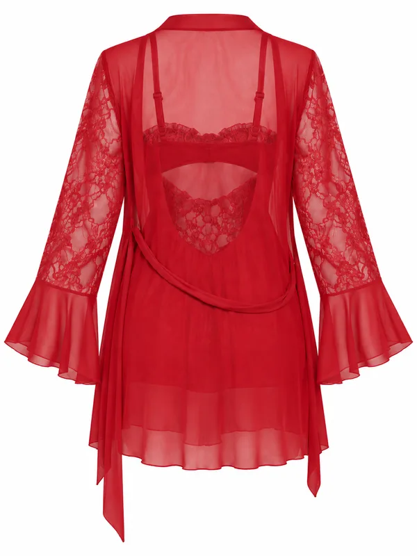 Lace-Trim Mesh Babydoll, Red, studio, back