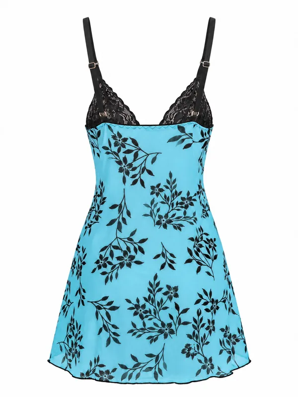 Lace Mesh Floral Babydoll, Blue, studio, back