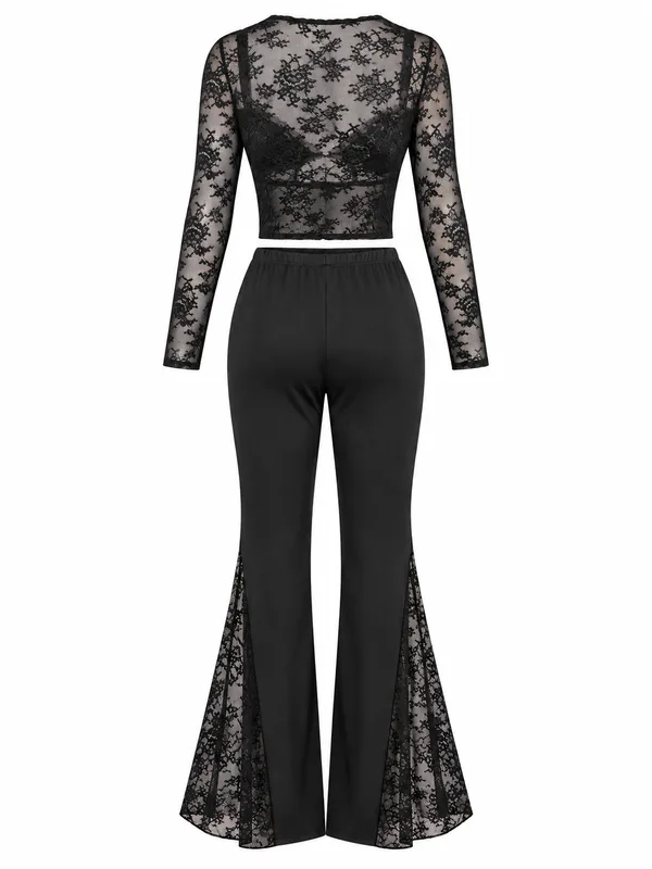 Lace Long-Sleeve Crop Top and High-Waisted Pants, Black, studio, back