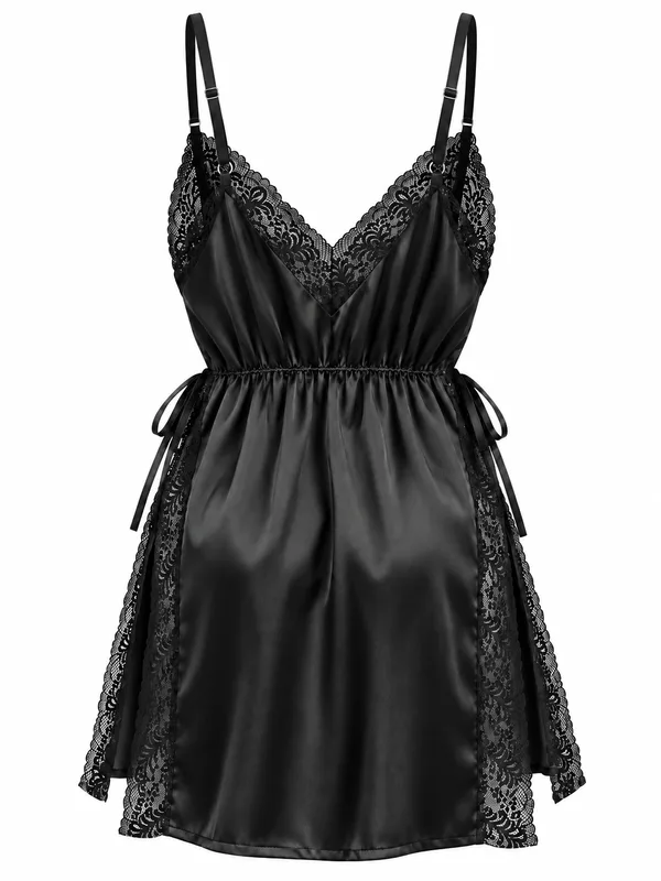 Lace-Trim Satin Babydoll, Black, studio, back
