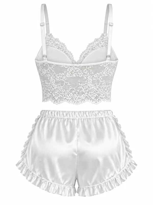 Longline Lace Bralette and Satin Ruffle Shorts, White, studio, back