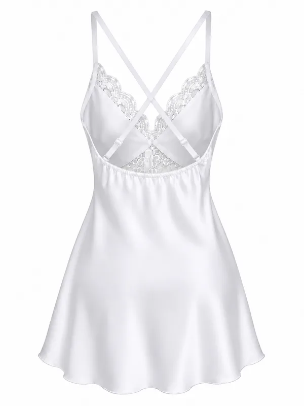 Lace-Trim Satin Slip, White, studio, back