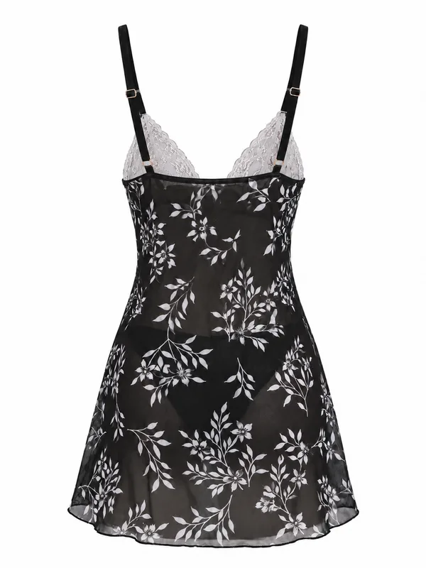 Lace Mesh Floral Babydoll, Black, studio, back