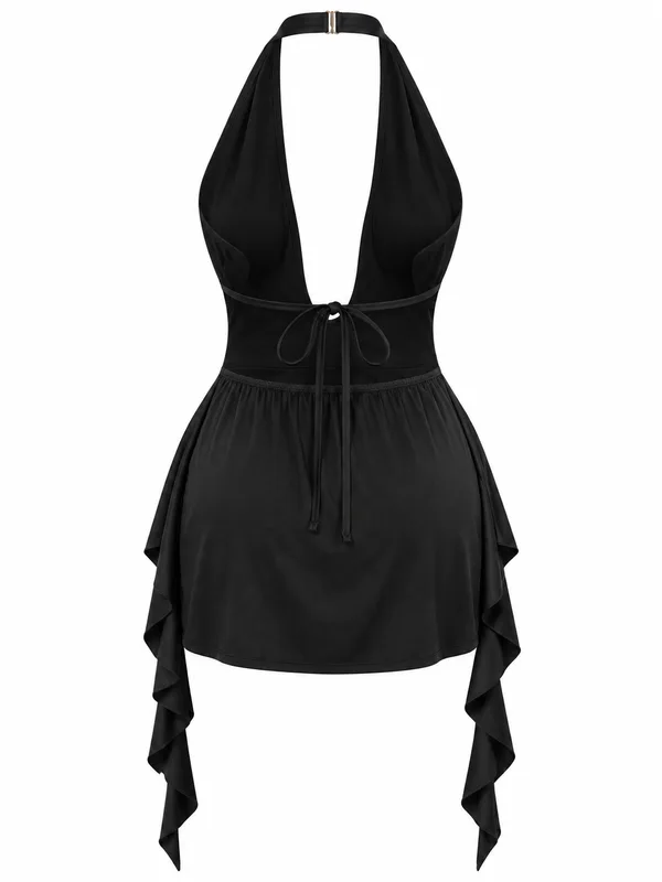 Halter Plunge Cutout Mini Babydoll, Black, studio, back