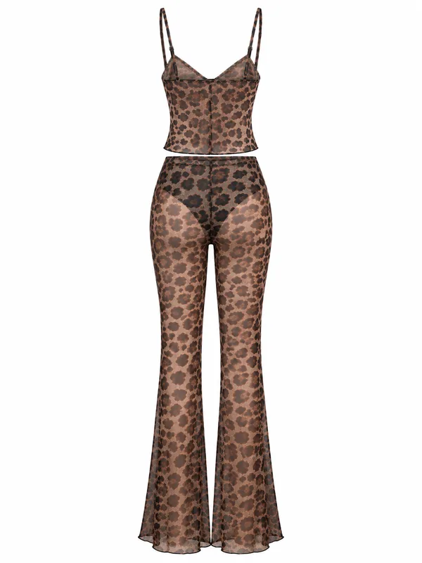 Mesh Tie-Front Cami Top and Pants, Leopard Print, studio, back