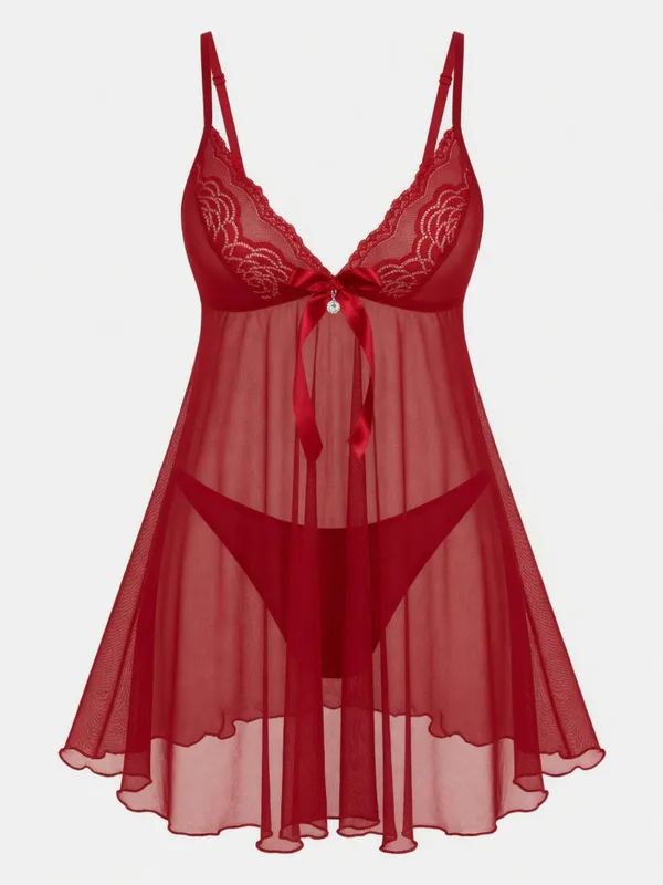 Lace-Trim Mesh Babydoll, Red, studio, front