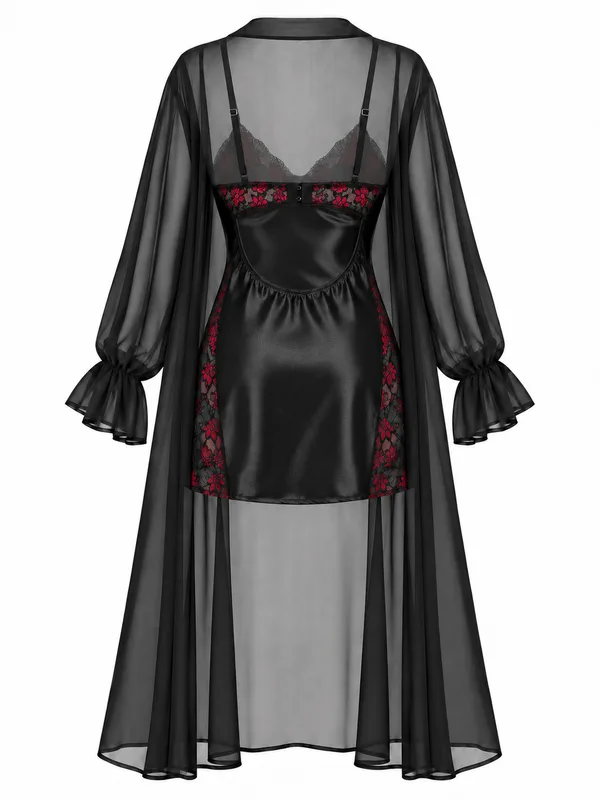 Lace-Trim Satin Babydoll, Black, studio, back