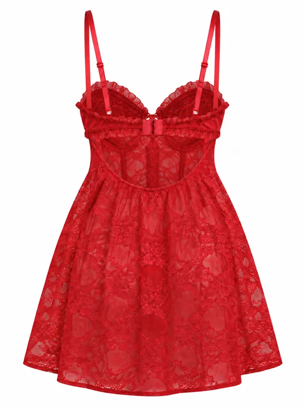 Lace-Up Lace Babydoll, Red, studio, back