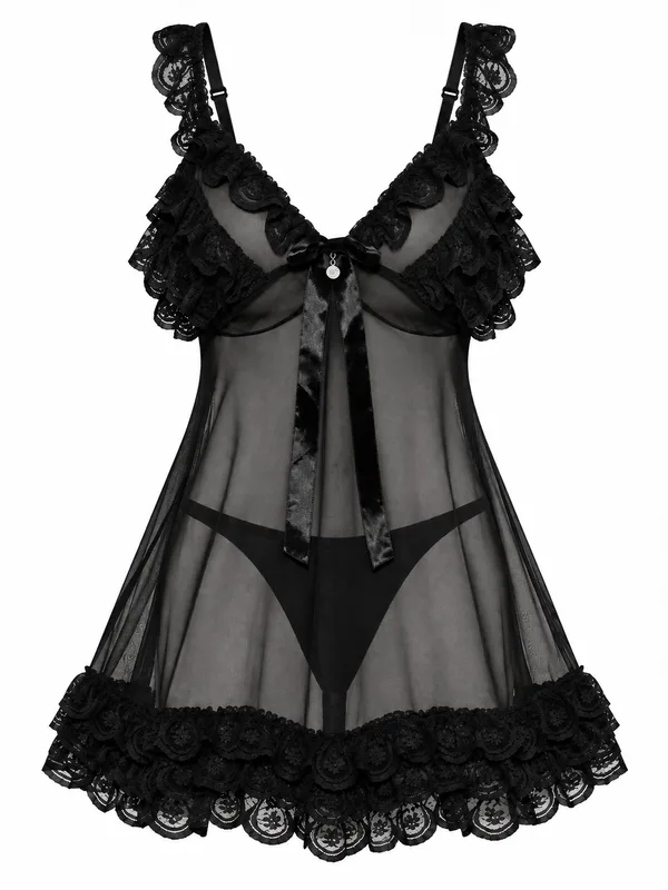 Lace-Trim Mesh Babydoll, Black, studio, front