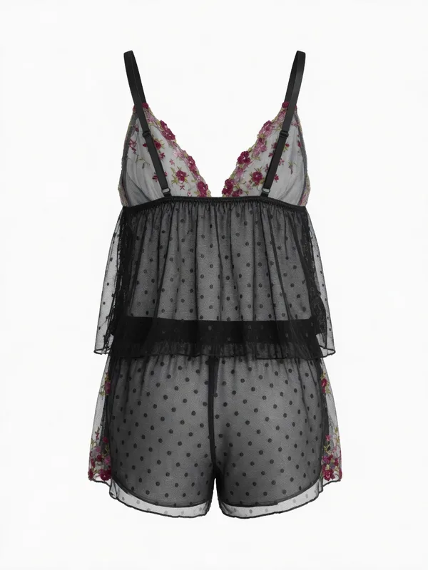 Floral Embroidered Dotted Mesh Cami and Shorts, Black, studio, back