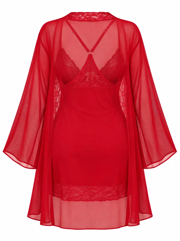 Lace-Trim Slip Dress and Sheer Mesh Robe, Red, studio, back