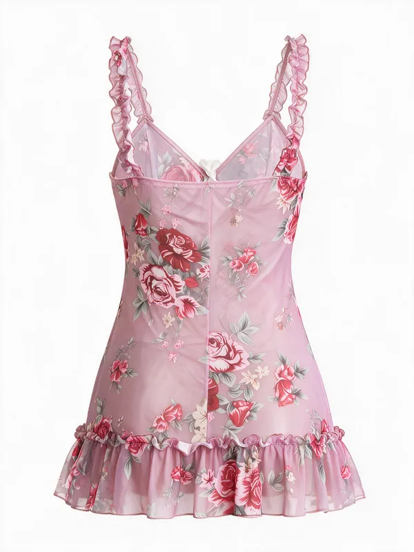 Floral Print Mesh Ruffle-Trim Slip, Pink, studio, back