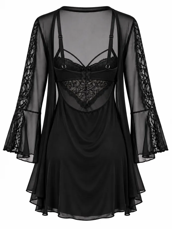 Lace-Trim Open-Back Babydoll, Black, studio, back