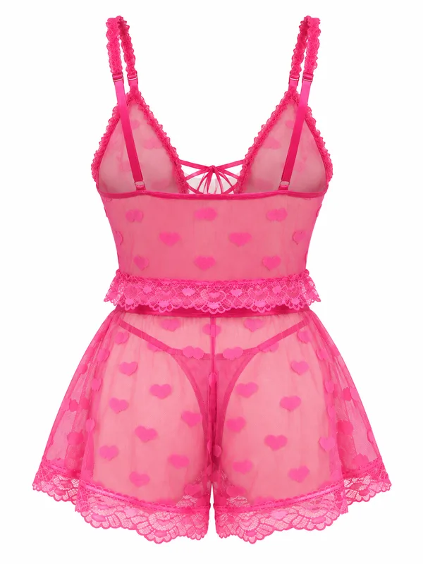 Heart-Print Lace-Up Mesh Cami and Lace-Trim Boyshort, Fuchsia, studio, back