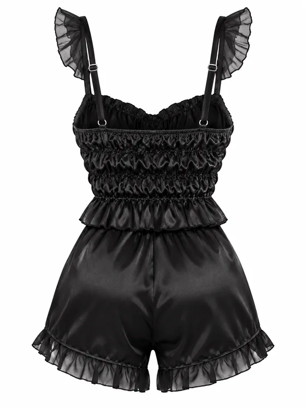 Lace-Up Ruffle Bodysuit, Black, studio, back