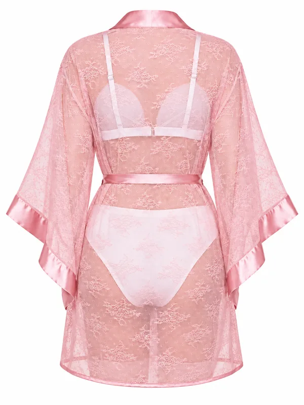 Sheer Lace Satin-Trim Robe with Bra and Panty, Pink, studio, back