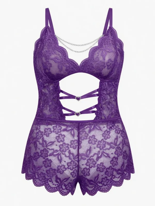 Lace Cutout Chain Teddy, Purple, studio, front