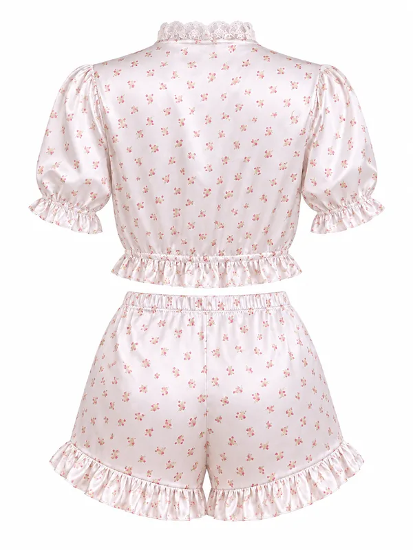 Floral Print Satin Ruffle Sleepwear, White, studio, back